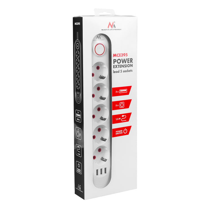 Maclean Steckdosenleiste, 5 Steckdosen-Verlängerungskabel + 3xUSB, 110-240V AC 50/60Hz, 2,1A max 2500W, 1,5m, weiß, MCE395 W