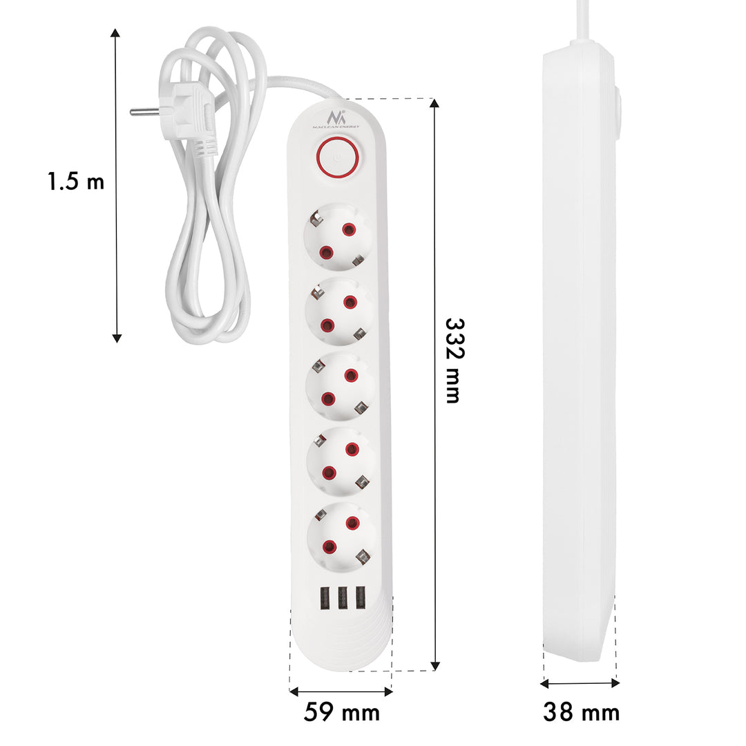 Maclean Steckdosenleiste, 5 Steckdosen-Verlängerungskabel + 3xUSB, 110-240V AC 50/60Hz, 2,1A max 2500W, 1,5m, weiß, MCE395 W