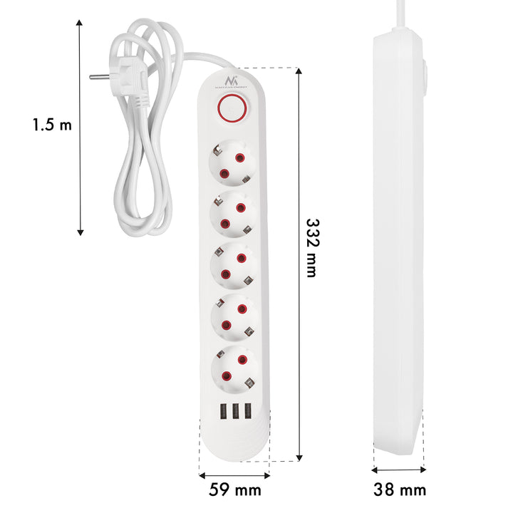 Maclean Steckdosenleiste, 5 Steckdosen-Verlängerungskabel + 3xUSB, 110-240V AC 50/60Hz, 2,1A max 2500W, 1,5m, weiß, MCE395 W
