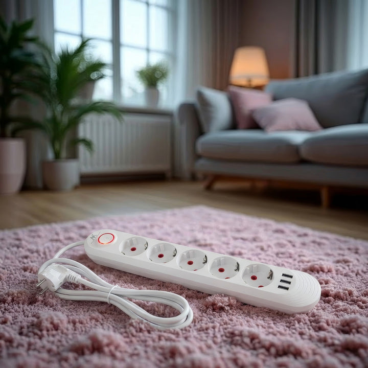 Maclean Steckdosenleiste, 5 Steckdosen-Verlängerungskabel + 3xUSB, 110-240V AC 50/60Hz, 2,1A max 2500W, 1,5m, weiß, MCE395 W