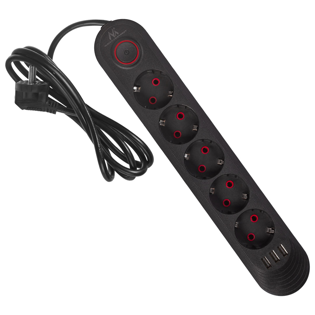 Maclean Steckdosenleiste, 5 Steckdosen-Verlängerungskabel + 3xUSB, 110-240V AC 50/60Hz, 2,1A max 2500W, 1,5m, schwarz, MCE395 B
