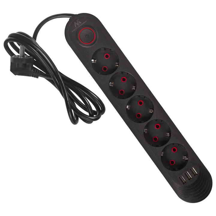Maclean Steckdosenleiste, 5 Steckdosen-Verlängerungskabel + 3xUSB, 110-240V AC 50/60Hz, 2,1A max 2500W, 1,5m, schwarz, MCE395 B