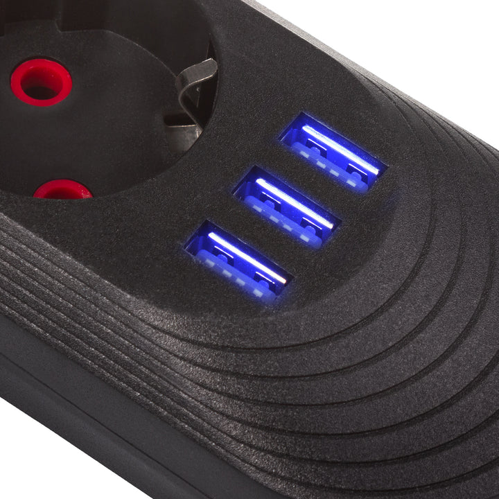 Maclean Steckdosenleiste, 5 Steckdosen-Verlängerungskabel + 3xUSB, 110-240V AC 50/60Hz, 2,1A max 2500W, 1,5m, schwarz, MCE395 B