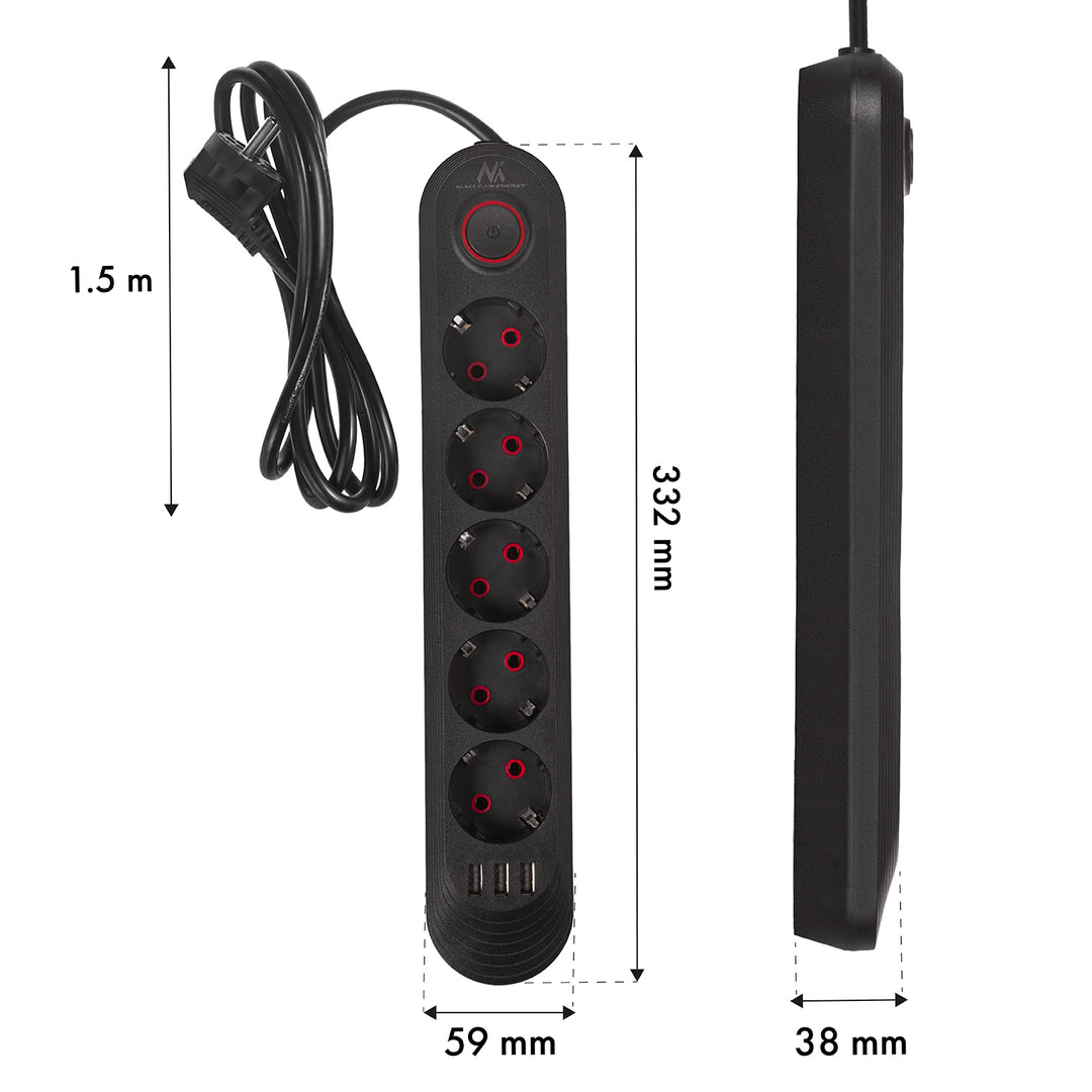 Maclean Steckdosenleiste, 5 Steckdosen-Verlängerungskabel + 3xUSB, 110-240V AC 50/60Hz, 2,1A max 2500W, 1,5m, schwarz, MCE395 B