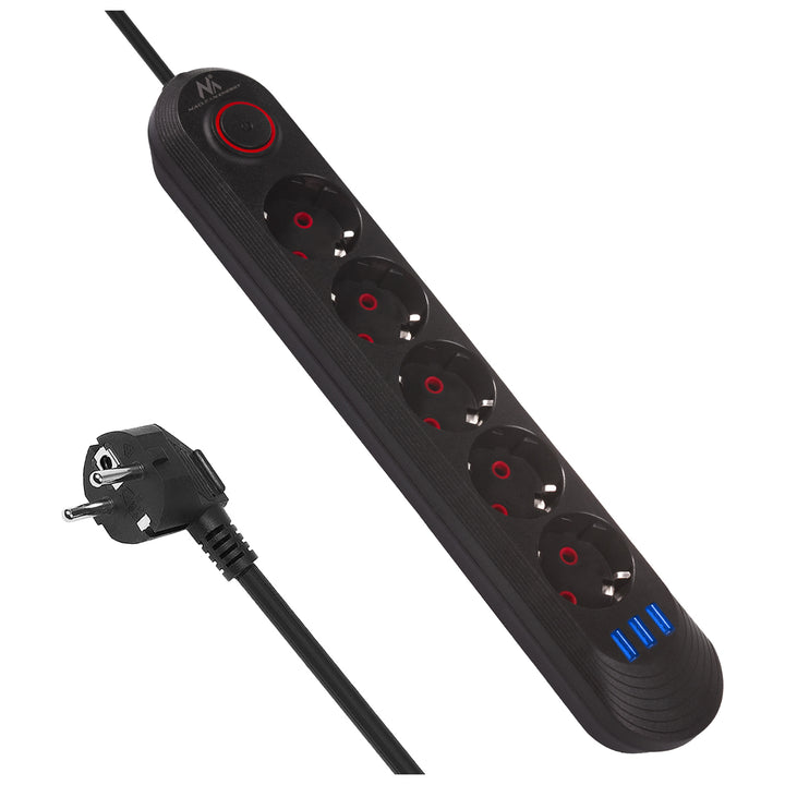Maclean Steckdosenleiste, 5 Steckdosen-Verlängerungskabel + 3xUSB, 110-240V AC 50/60Hz, 2,1A max 2500W, 1,5m, schwarz, MCE395 B