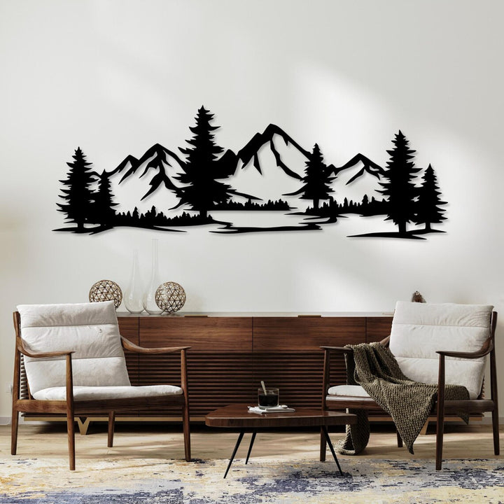 Durchbrochene Malerei, 3D-Wanddekoration, 3D-Gemälde "Berge mit Wald" 200x68cm Schwarz