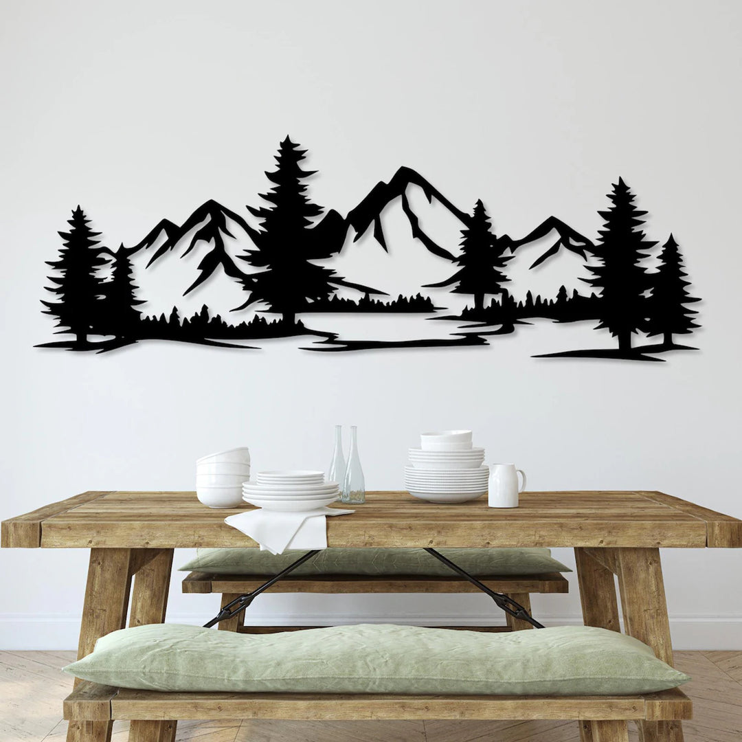 Durchbrochene Malerei, 3D-Wanddekoration, 3D-Gemälde "Berge mit Wald" 200x68cm Schwarz