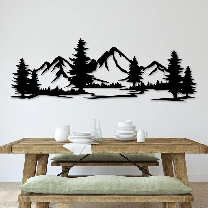 Durchbrochene Malerei, 3D-Wanddekoration, 3D-Gemälde "Berge mit Wald" 200x68cm Schwarz