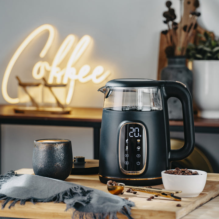 Adler elektrischer Glas-Wasserkocher 1,7L, Schwarz und Gold, Temperaturregelung, LED-Anzeige, AD 1305 bg