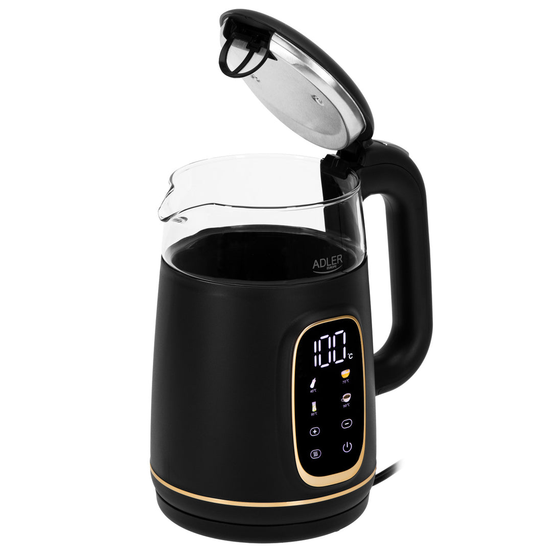 Adler elektrischer Glas-Wasserkocher 1,7L, Schwarz und Gold, Temperaturregelung, LED-Anzeige, AD 1305 bg