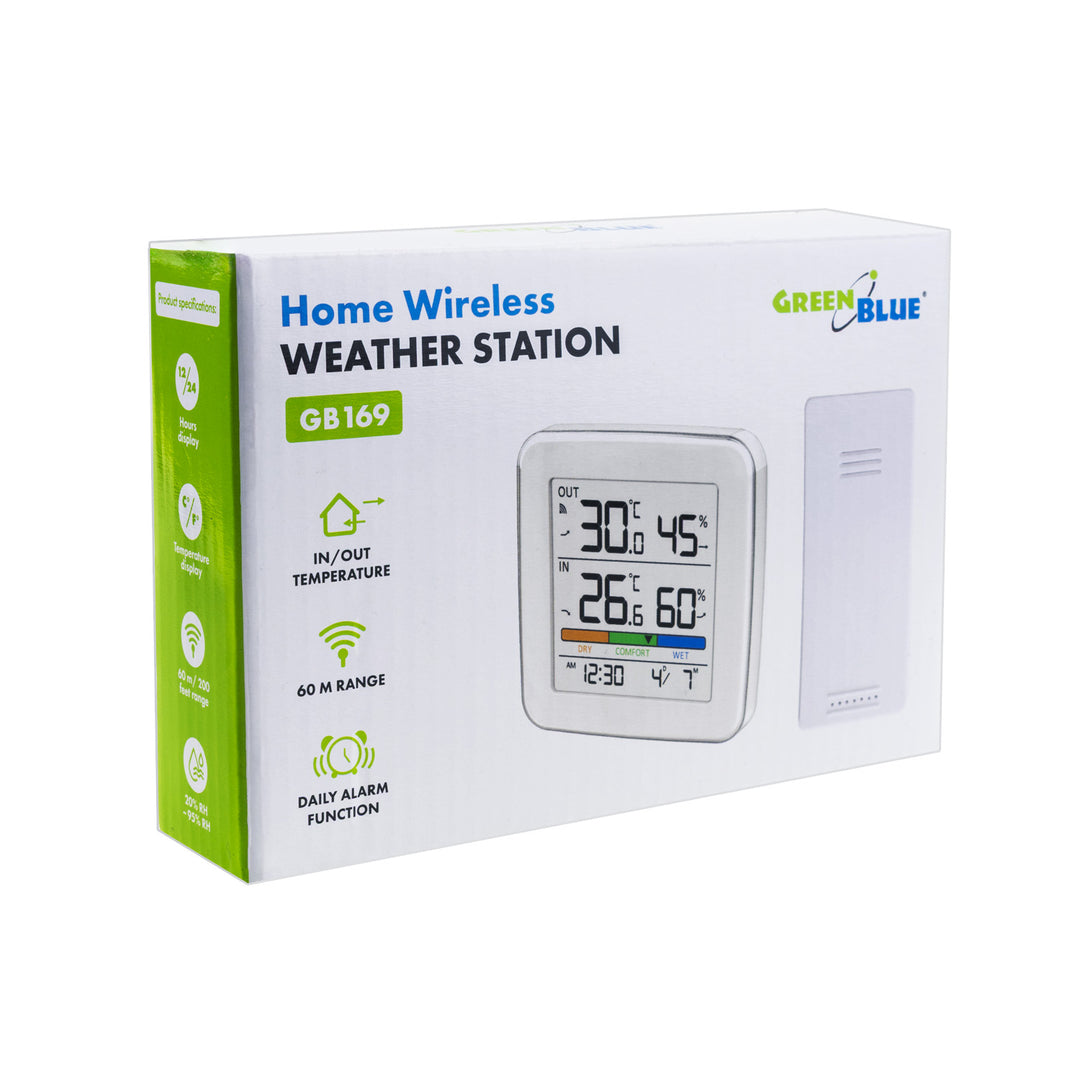 Drahtlose Wetterstation GreenBlue, Temperatur + Luftfeuchtigkeit IN/OUT, Uhr + Alarm + Datum, wahlweise °C / °F, Reichweite bis zu 60 m, GB169