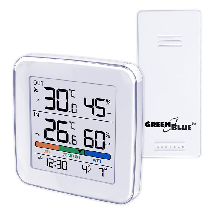 Drahtlose Wetterstation GreenBlue, Temperatur + Luftfeuchtigkeit IN/OUT, Uhr + Alarm + Datum, wahlweise °C / °F, Reichweite bis zu 60 m, GB169