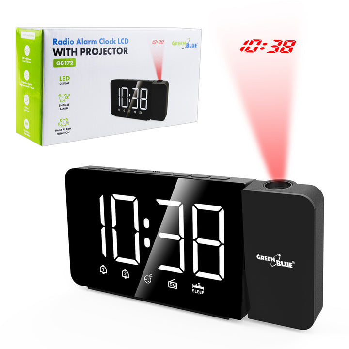Digitaler LED-Radiowecker mit GreenBlue-Projektor, FM-Radio, Alarm, 12/24-Stunden-Anzeige, Stromversorgung über USB 5 V DC + CR2032, GB172