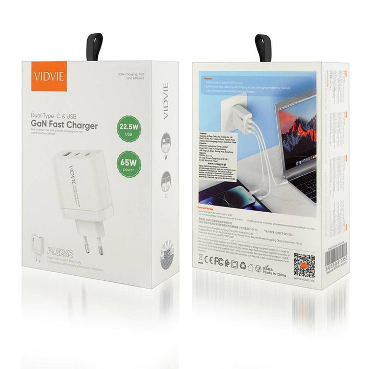 VIDVIE Netzladegerät, 3A, 65W, 2x USB-C, 1x USB, USB-C/Iphone-Kabel, PLE262