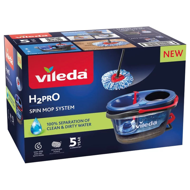 Vileda Rotationsmopp, zwei Kammern, Zentrifugationssystem, klappbare Stange, einfache Reinigung von Ecken, Turbo H2prO