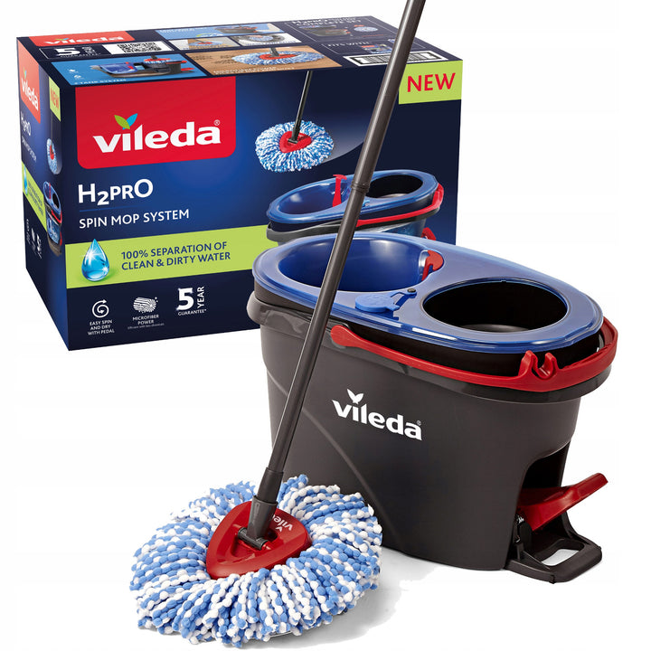 Vileda Rotationsmopp, zwei Kammern, Zentrifugationssystem, klappbare Stange, einfache Reinigung von Ecken, Turbo H2prO