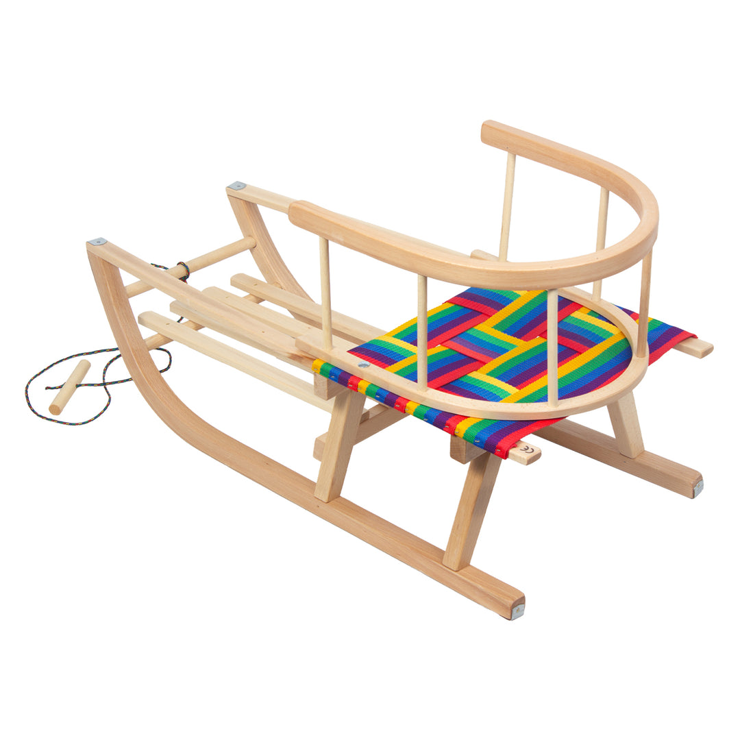 GreenBlue Holzschlitten, Rückenlehne, Stoffsitz, Schnur, bis 100 kg, GB154