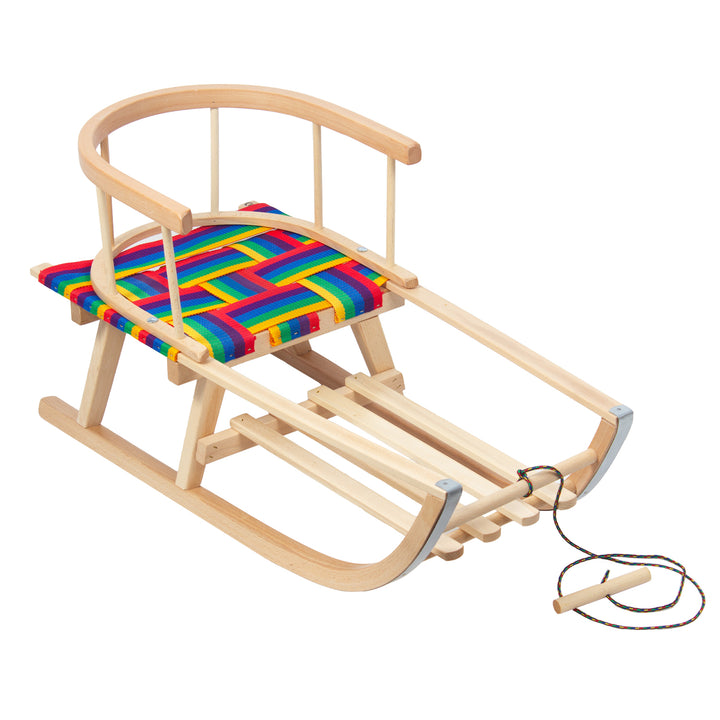 GreenBlue Holzschlitten, Rückenlehne, Stoffsitz, Schnur, bis 100 kg, GB154