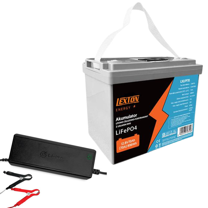 Lexton Lithium-Eisen-Phosphat LiFePo4 Akku, mit BMS, 12,8V, 70Ah, LXLFP70 + LTC Energy LiFePO4 Akku-Gleichrichter