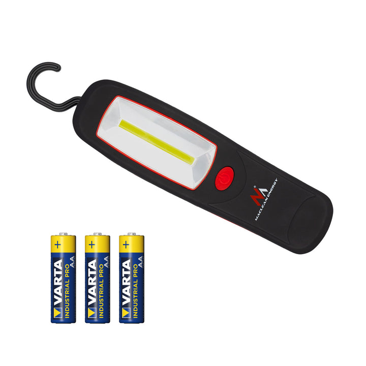 Maclean COB-LED-Werkstattlampe, Magnet, Haken, 3xAA, MCE03 + 3x Varta Industrial LR6/AA R-06-Batterien