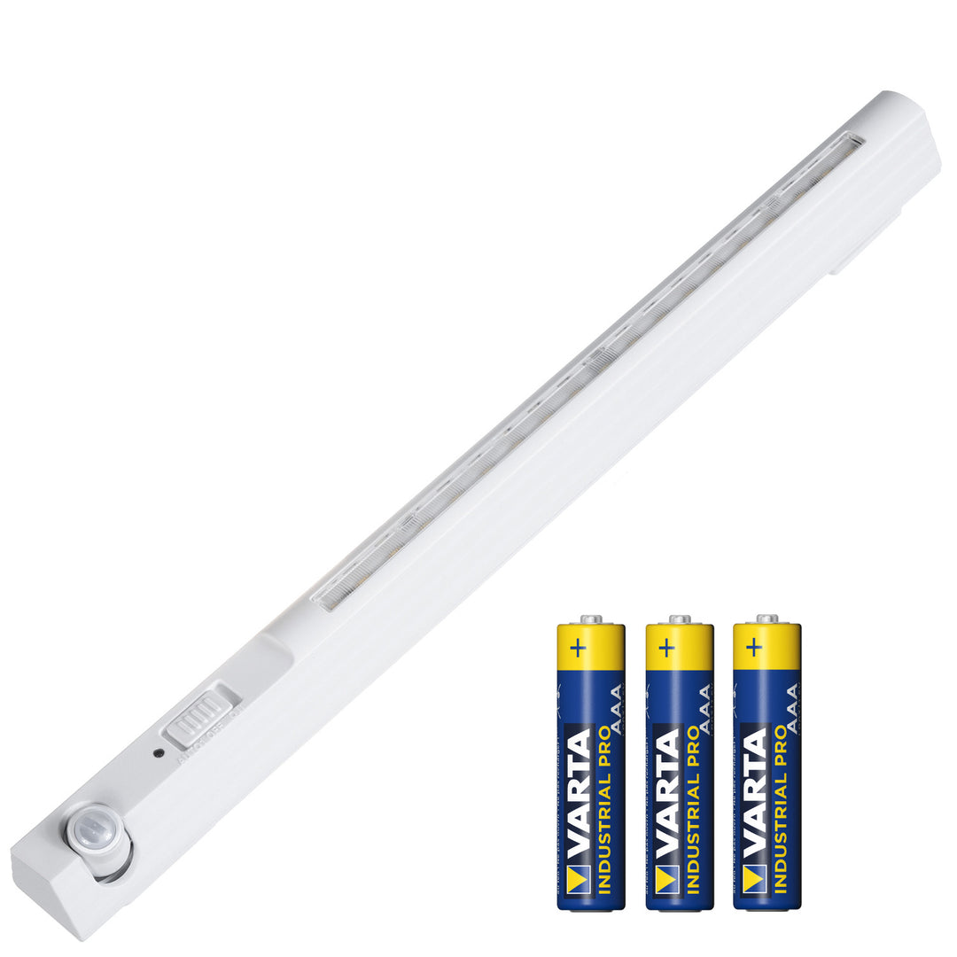 Maclean LED-Lampe, mit beweglichem Sensor, Haken, ON/OFF/AUTO, Temp. 4000K, Reichweite 3m, MCE235 + 3x Varta Industrial AAA Alkalibatterien