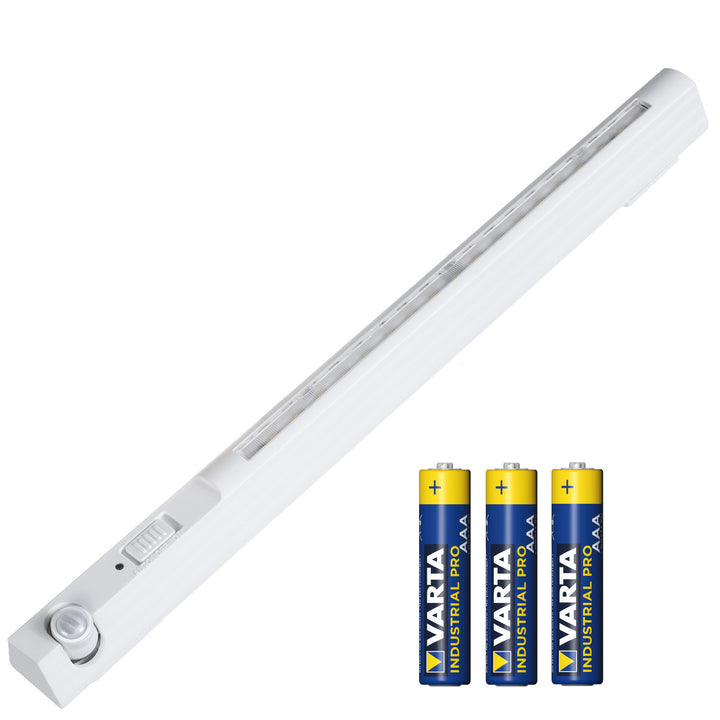 Maclean LED-Lampe, mit beweglichem Sensor, Haken, ON/OFF/AUTO, Temp. 4000K, Reichweite 3m, MCE235 + 3x Varta Industrial AAA Alkalibatterien