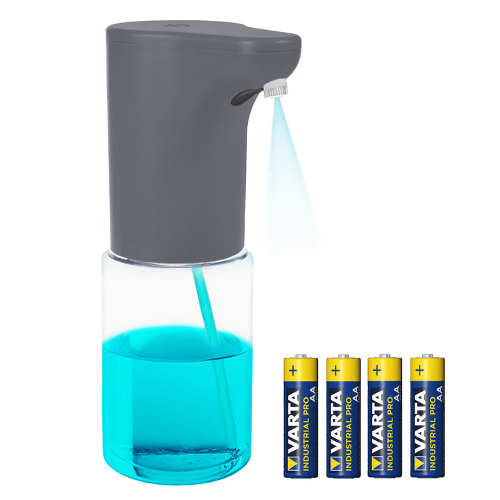 Promedix automatischer Spender, Spenderbehälter für Flüssigseifen, Desinfektionsflüssigkeiten, 300ml, grau, PR-540 GR + 4 Varta Industrial AA Batterien