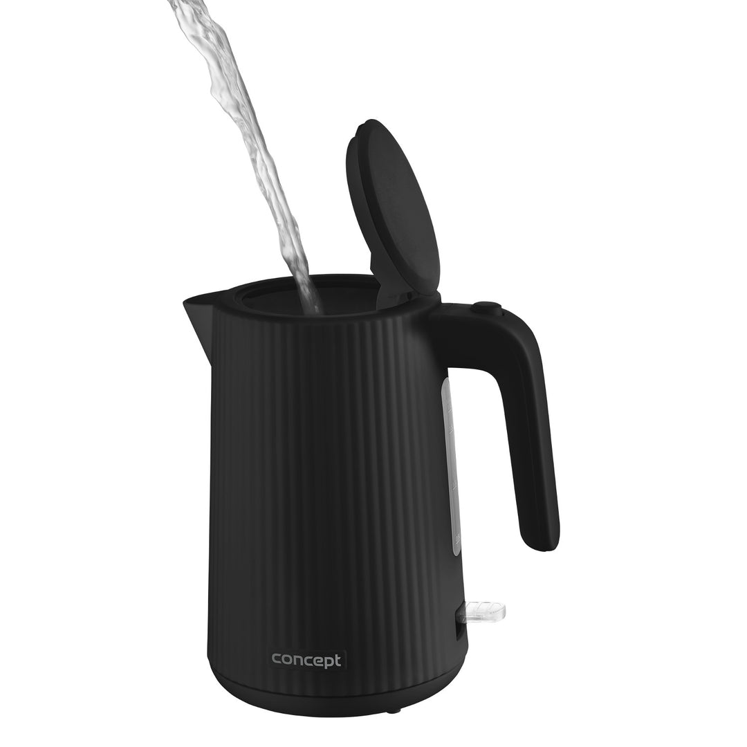 Concept Kunststoff-Wasserkocher, 1,7 l, geriffeltes Design, dreifaches Sicherheitssystem, Sedimentfilter, Wasserstandsanzeige, schwarz, RK2391