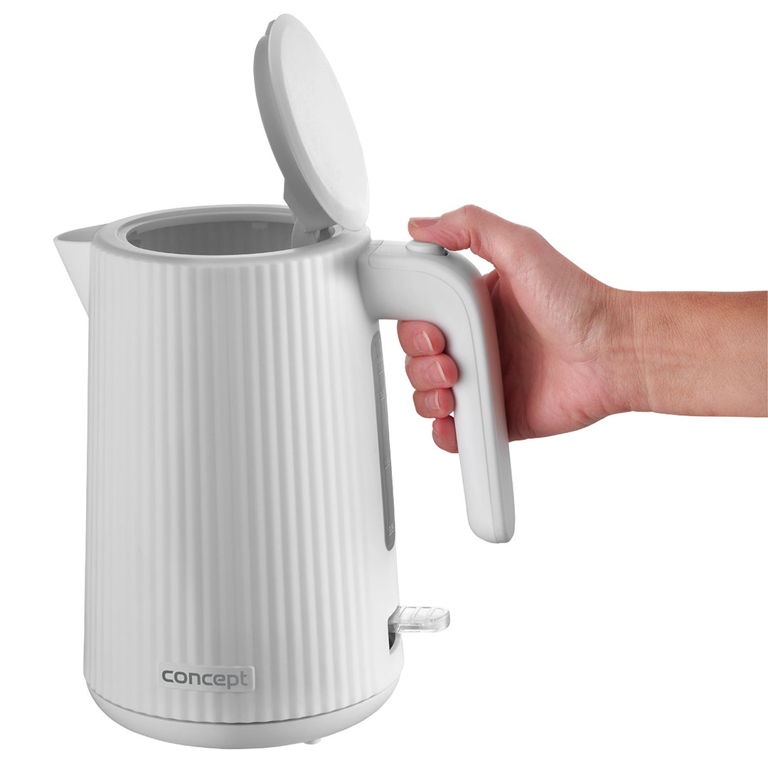 Concept Kunststoff-Wasserkocher, 1,7 l, geriffeltes Design, dreifaches Sicherheitssystem, Sedimentfilter, Wasserstandsanzeige, weiß, RK2390