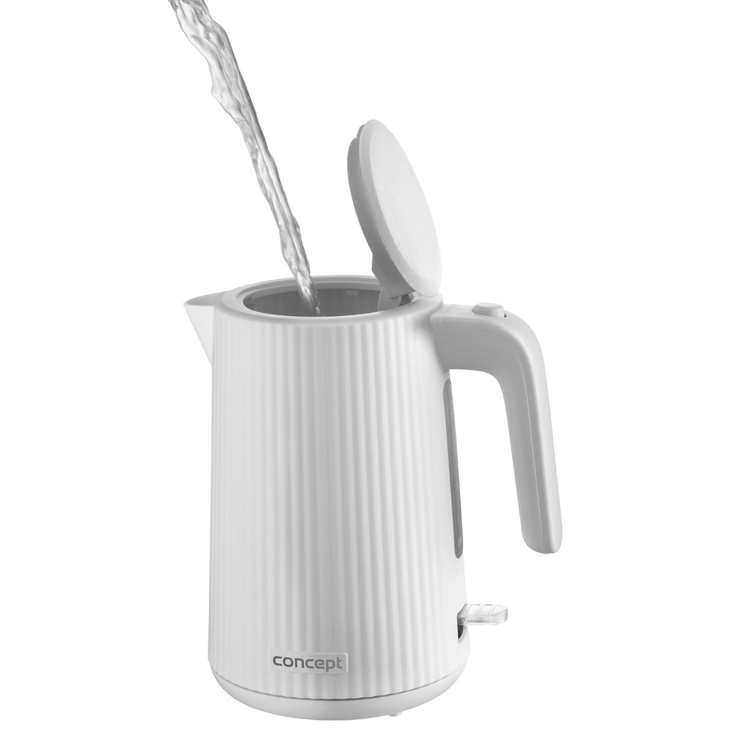 Concept Kunststoff-Wasserkocher, 1,7 l, geriffeltes Design, dreifaches Sicherheitssystem, Sedimentfilter, Wasserstandsanzeige, weiß, RK2390