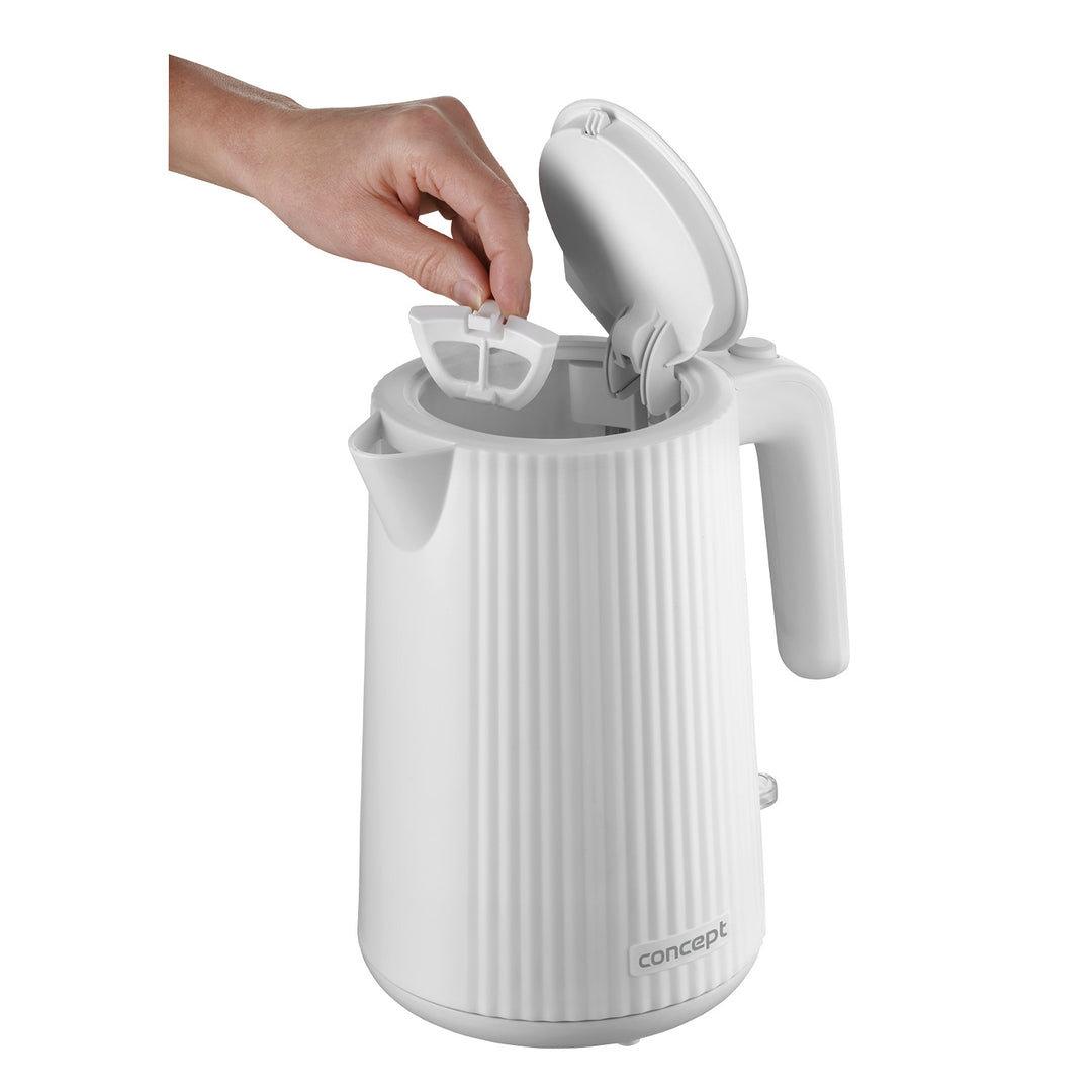 Concept Kunststoff-Wasserkocher, 1,7 l, geriffeltes Design, dreifaches Sicherheitssystem, Sedimentfilter, Wasserstandsanzeige, weiß, RK2390