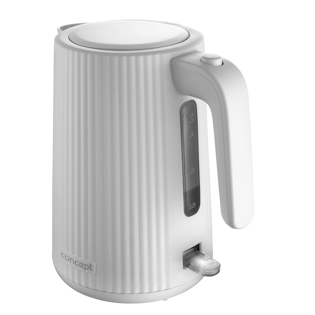 Concept Kunststoff-Wasserkocher, 1,7 l, geriffeltes Design, dreifaches Sicherheitssystem, Sedimentfilter, Wasserstandsanzeige, weiß, RK2390