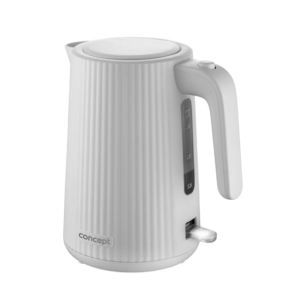 Concept Kunststoff-Wasserkocher, 1,7 l, geriffeltes Design, dreifaches Sicherheitssystem, Sedimentfilter, Wasserstandsanzeige, weiß, RK2390