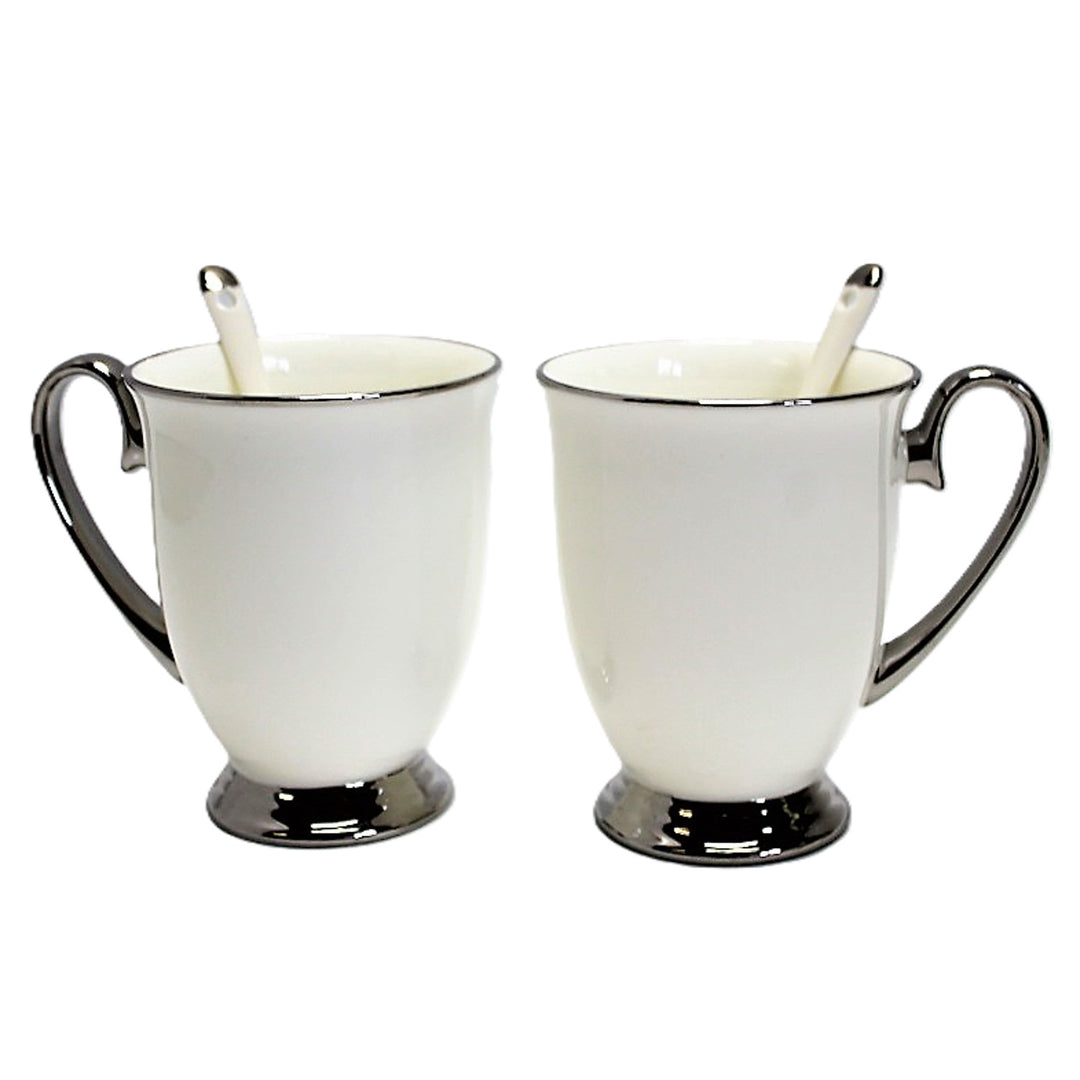 Weiße Becher 2pc Chrome Griffe, Teelöffel, Porzellan, Elegant, Königin Isabel