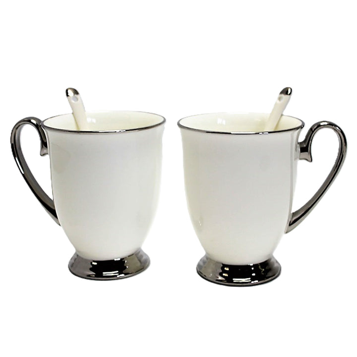 Weiße Becher 2pc Chrome Griffe, Teelöffel, Porzellan, Elegant, Königin Isabel