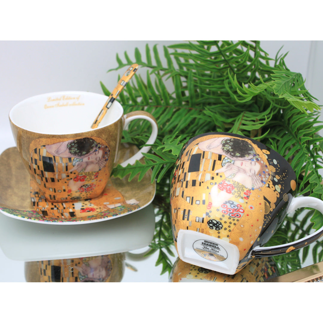 2er-Set Königin-Isabell-Porzellantassen, Klimt's Kiss-Motiv, Teelöffel, 250ml, W25KL60-2-19000