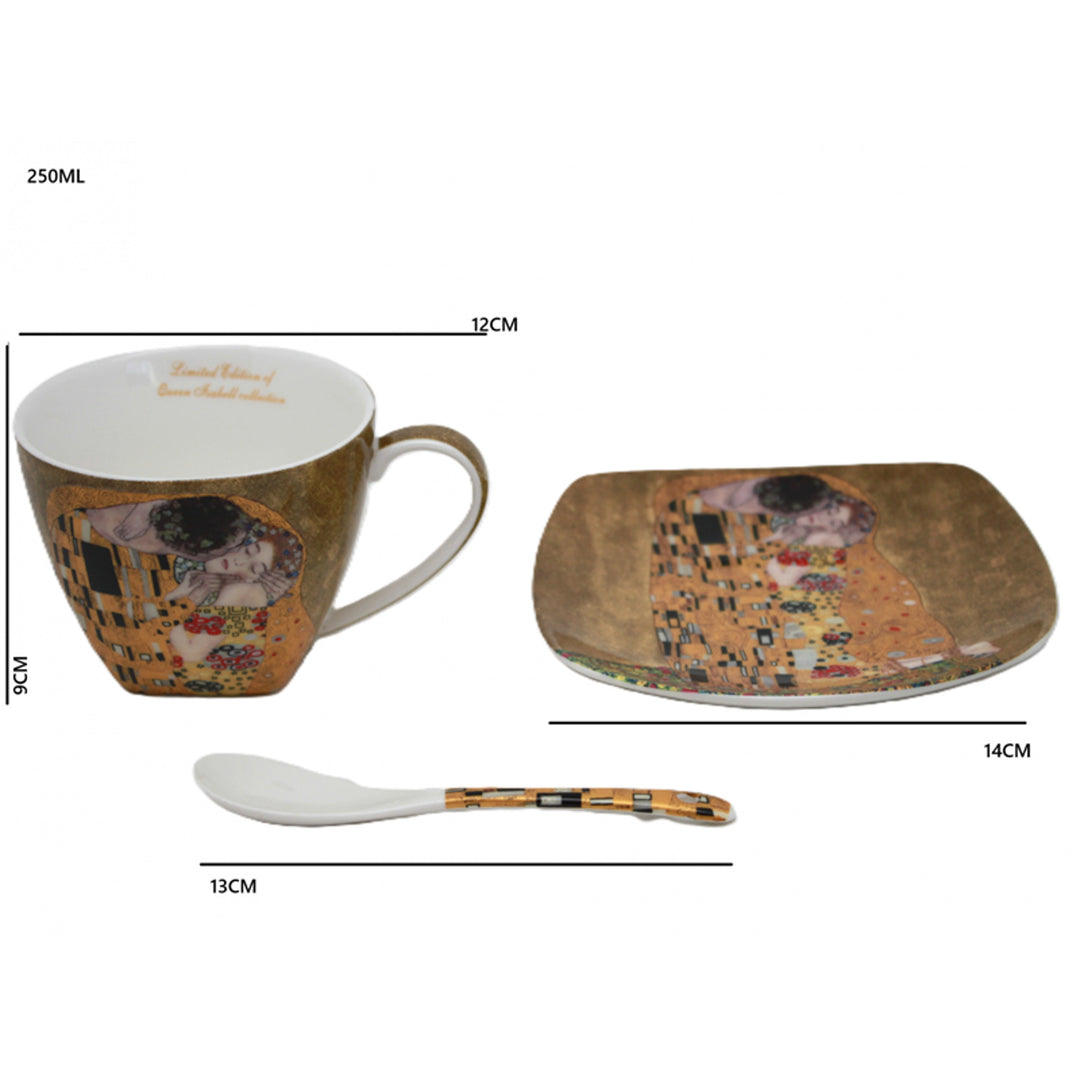 2er-Set Königin-Isabell-Porzellantassen, Klimt's Kiss-Motiv, Teelöffel, 250ml, W25KL60-2-19000