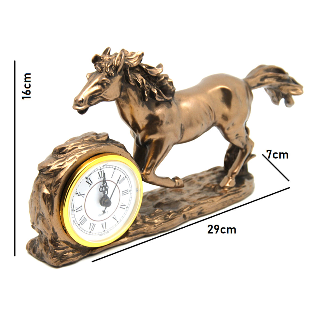 Galoppierende Pferdefigur, Uhr, braune Tischdekoration, Königin Isabel