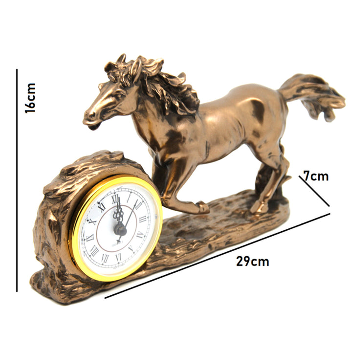 Galoppierende Pferdefigur, Uhr, braune Tischdekoration, Königin Isabel