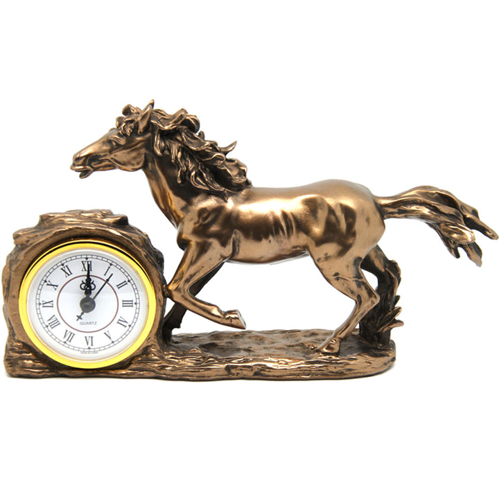 Galoppierende Pferdefigur, Uhr, braune Tischdekoration, Königin Isabel