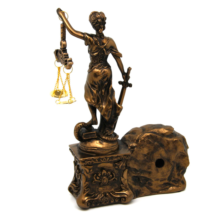 Figur der Themis mit Waage und Schwert, Uhr, Bronzedekor, Königin Isabel