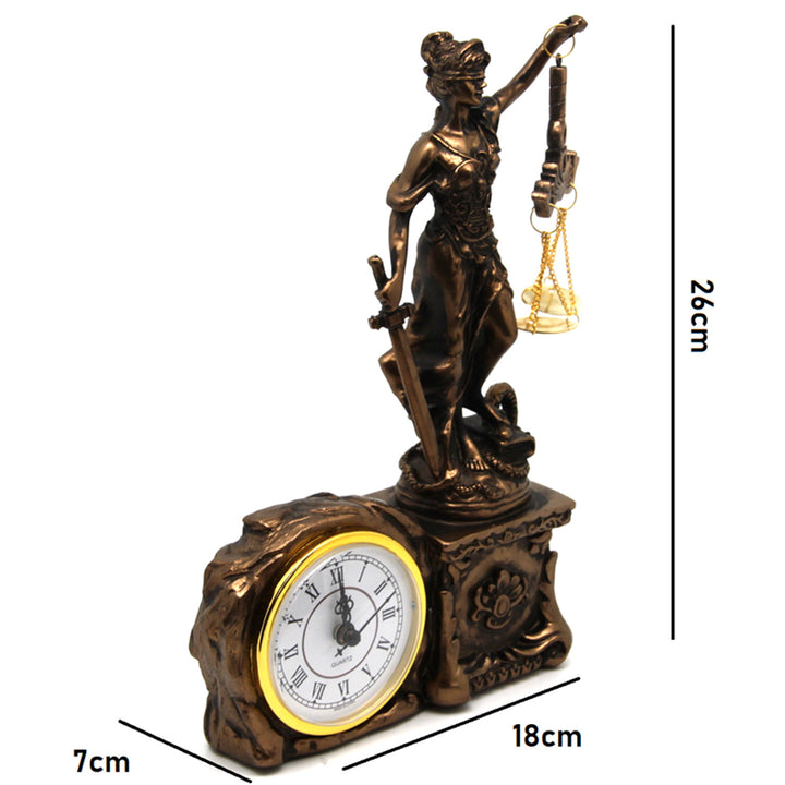 Figur der Themis mit Waage und Schwert, Uhr, Bronzedekor, Königin Isabel