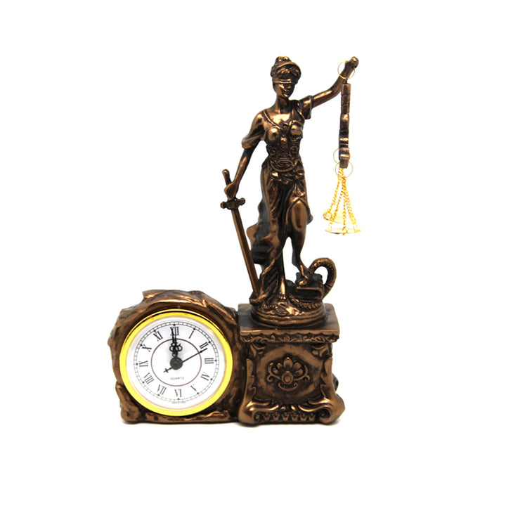 Figur der Themis mit Waage und Schwert, Uhr, Bronzedekor, Königin Isabel