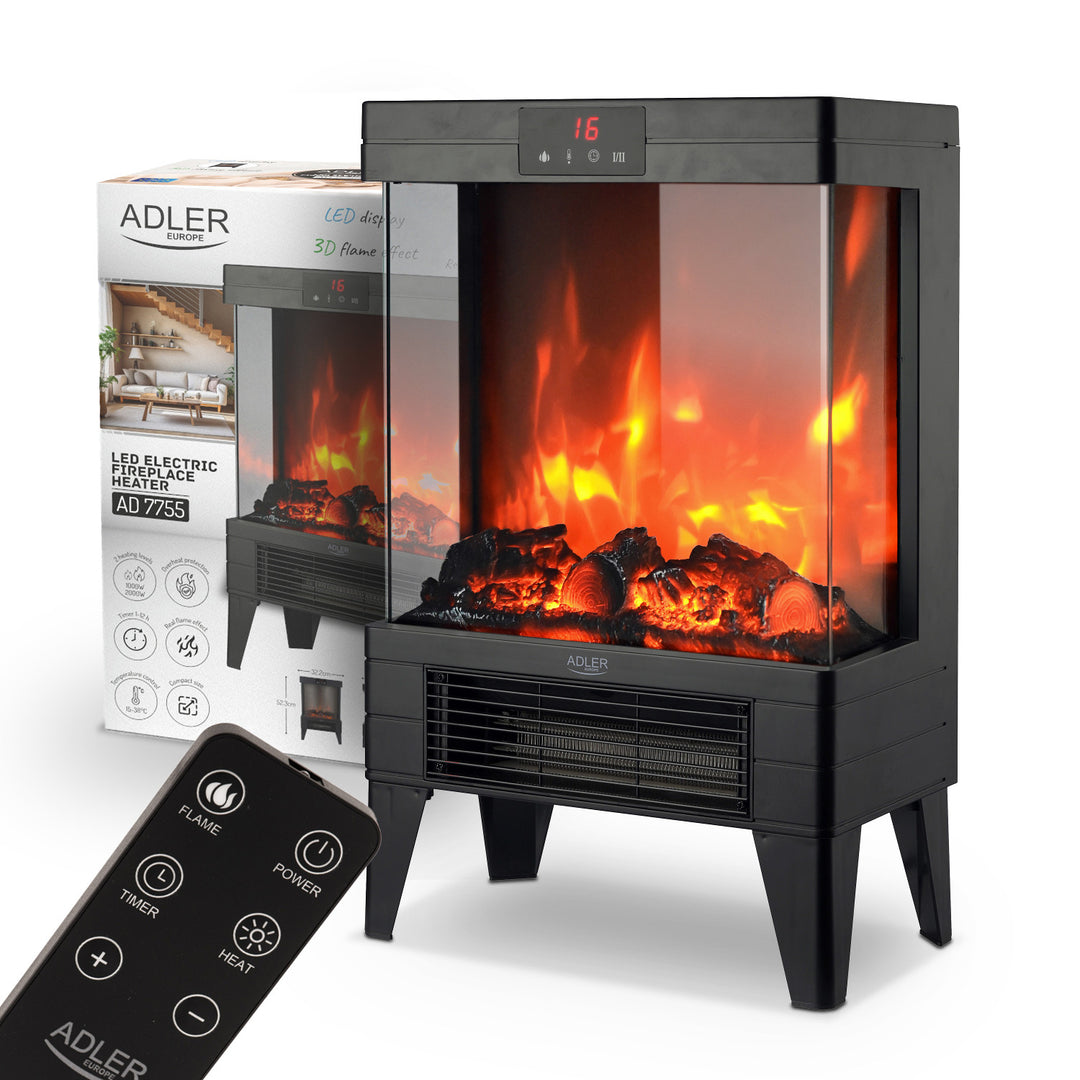 LED-Elektrokamin mit Fernbedienung, 2 Heizleistungen 1000W/2000W, Thermostat, Adler AD 7755