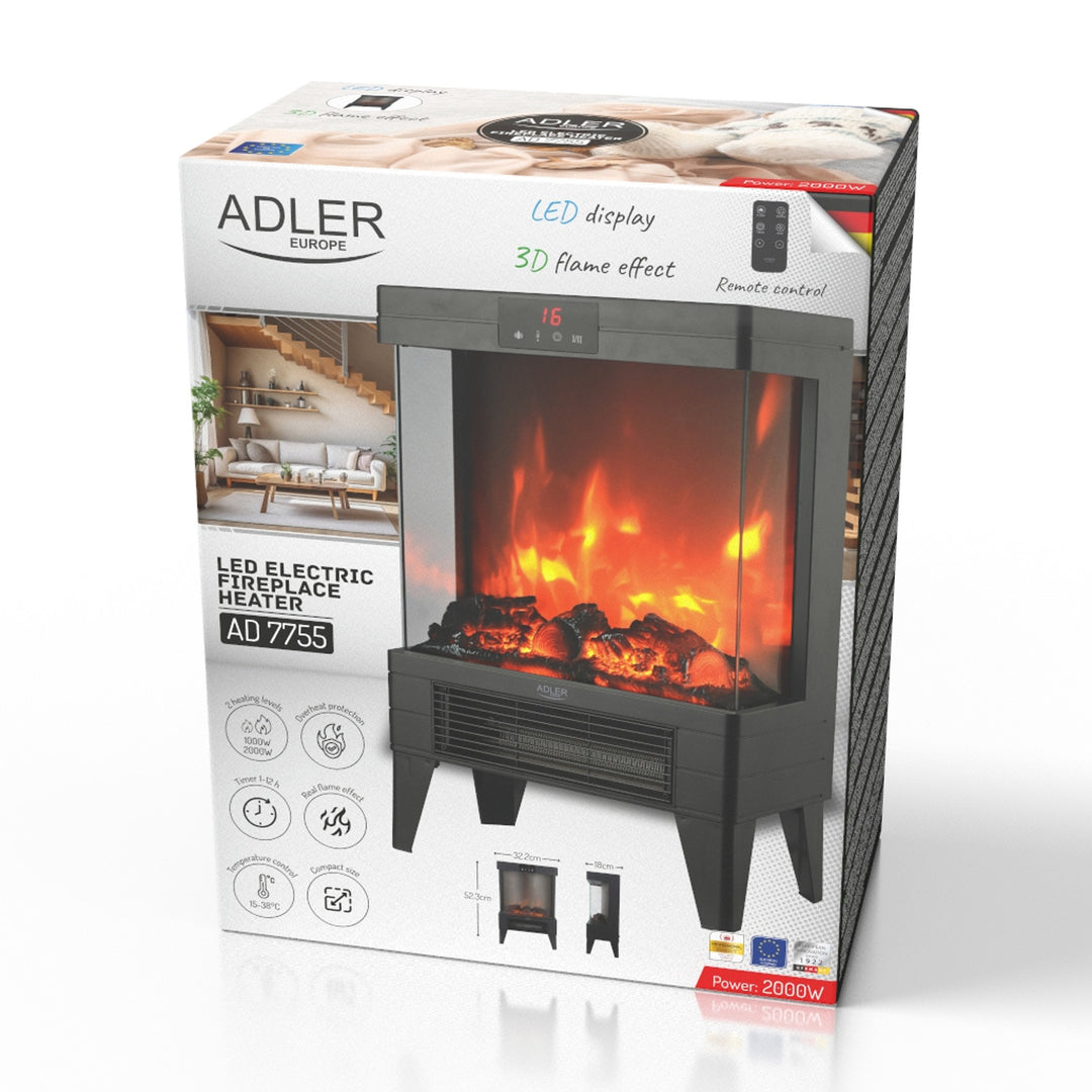 LED-Elektrokamin mit Fernbedienung, 2 Heizleistungen 1000W/2000W, Thermostat, Adler AD 7755