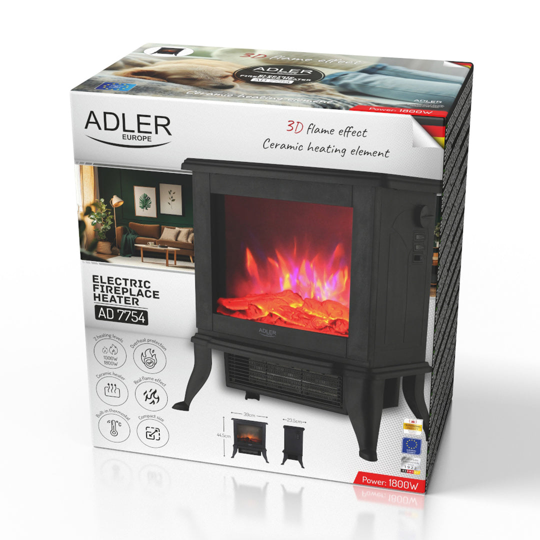 Adler Elektrokamin, 2 Heizstufen, max. Leistung 1800W, Thermostat, 3D-Flammeneffekt, AD 7754