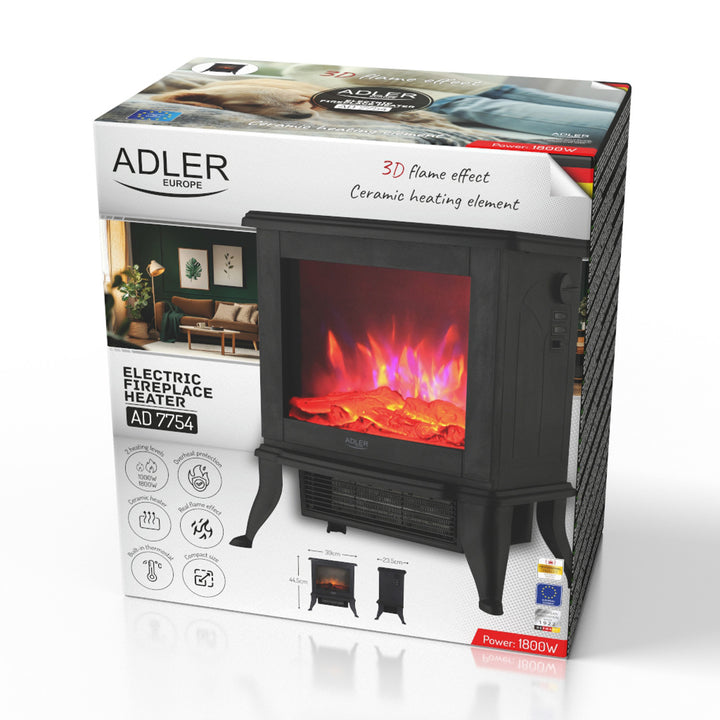 Adler Elektrokamin, 2 Heizstufen, max. Leistung 1800W, Thermostat, 3D-Flammeneffekt, AD 7754