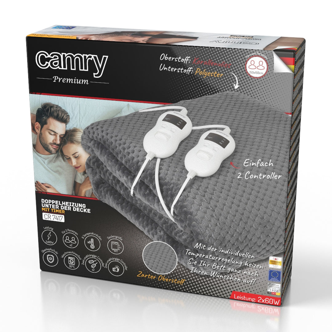 Camry Heizdecke, für 2 Personen, Maße 150x160cm, 8 Heizstufen, Leistung 2 x 60W, grau, CR 7417