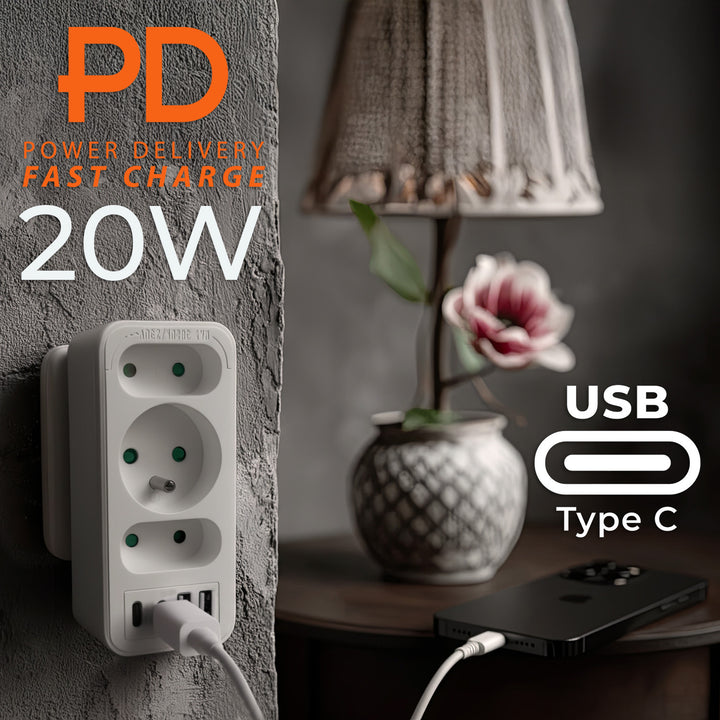 Stromanschluss x3 + 4xUSB Maclean, 3-Steckdosen-Verteiler, 2xUSB A, 2xUSB C PD 20W, 1x16A + 2x6A, MCE248 F/W, 3 Stück