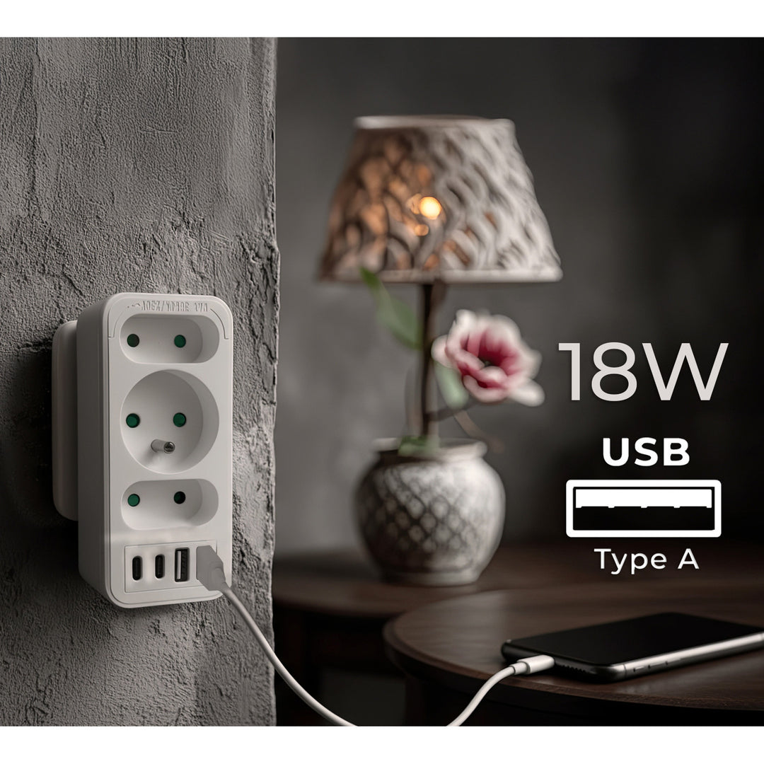 Stromanschluss x3 + 4xUSB Maclean, 3-Steckdosen-Verteiler, 2xUSB A, 2xUSB C PD 20W, 1x16A + 2x6A, MCE248 F/W, 3 Stück